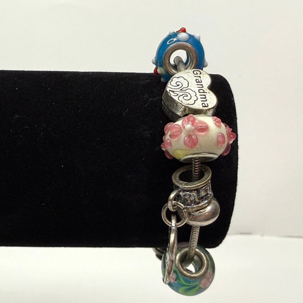 RMN Colorful Lampwork Glass Beads Charm Bracelet Silver Tone Grandma Heart